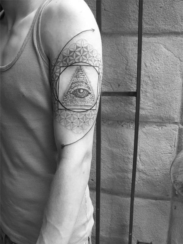 „Tatuaggi maschili“ ir „unidea“ tatuiruotėms, skirtoms „occhio dentro una piramide“, „cerchio e quadrato“