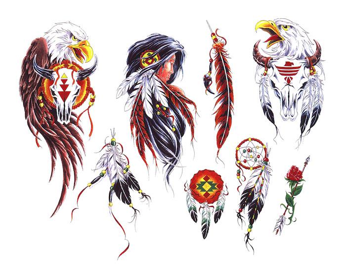 Indijska tetovaža, modeli barvnih risb z domačim ameriškim dizajnom, risanje indijskega moškega z dolgimi lasmi z belim in rdečim perjem