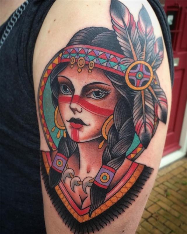 domorodni ameriški vzorec, vzorec tetovaže na rami, barvna risba na koži z vzorcem Indijanke s spletenimi lasmi