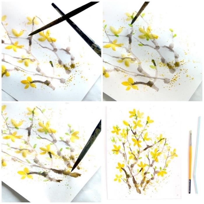 tehnika akvarela za začetnike, cvetoča veja z akvarelnim čopičem in slamo