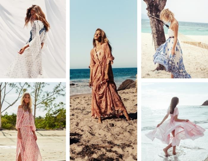 prašmatnių ir ilgų paplūdimio suknelių modelių, madingų medžiagų ir spalvų, kad pasirinktumėte savo moteriškus paplūdimio drabužius