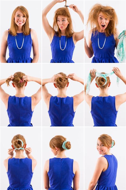 enostavna vadba s punđo, ženska pričeska na srednje dolgih laseh, ideja o pričeski z modro -belim šalom