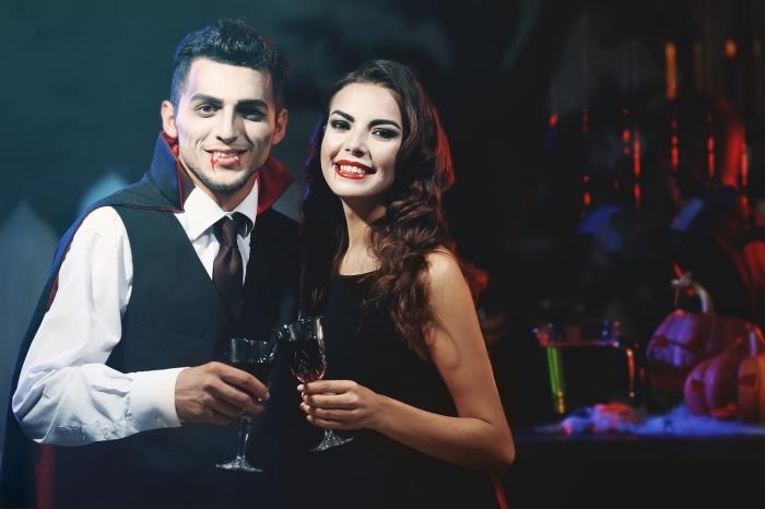 vyrų vampyrų makiažo pavyzdys, Helovino aprangos idėja porai, 3 dalių vampyrų kostiumas vyrams