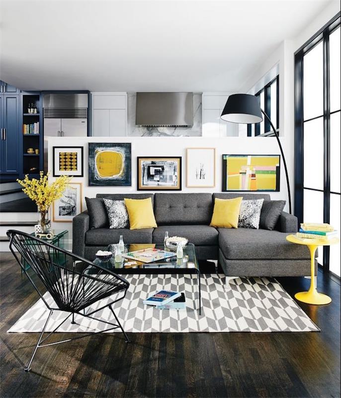 temno barvita moderna in vintage oblikovana dnevna soba s pohištvom