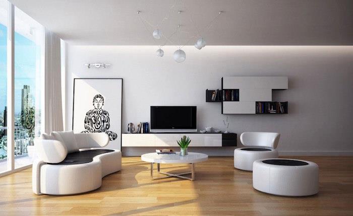 vintage in moderna minimalistično bela zasnova dnevne sobe z luksuznimi naslanjači