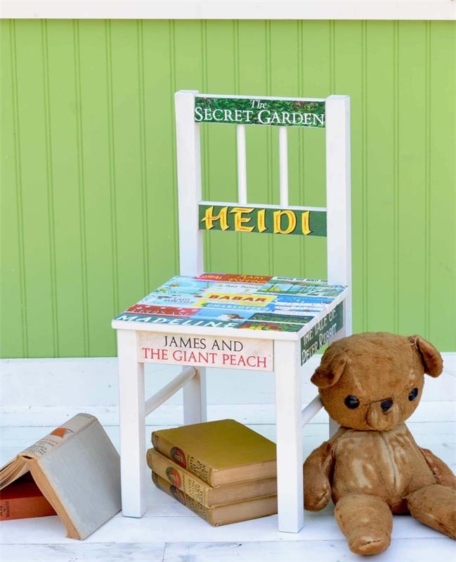 prenoviti otroško pohištvo s tehniko decopatch, prenovljen otroški stol s kolaži naslovov otroških knjig