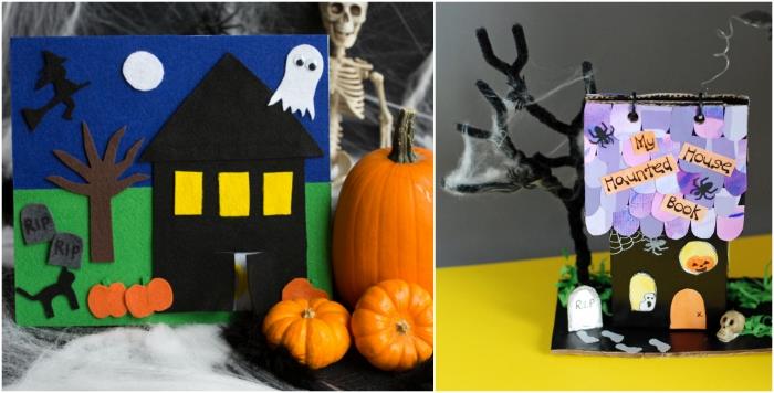dva modela hiše z duhovi za noč čarovnic iz klobučevine ali papirja, enostavna in hitra ročna dejavnost za ustvarjanje izvirne dekoracije za noč čarovnic skupaj z otroki