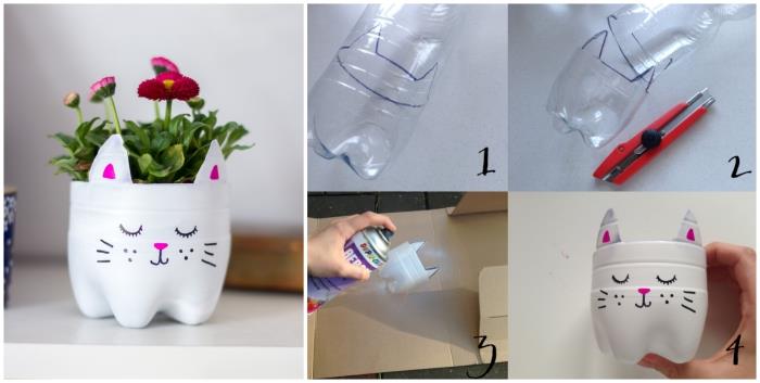 katės gėlių vazonas, pagamintas iš plastikinio butelio, atgauta dekoratyvinė idėja patalpose ar lauke
