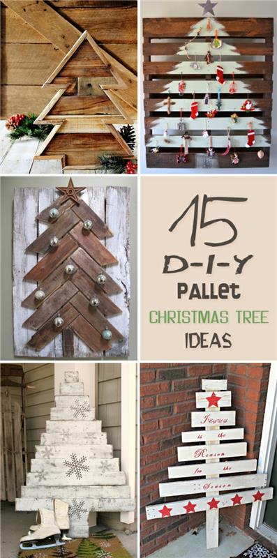 Palette Noel dekorasyon çeşitleri, açılmamış ve çivilenmiş paletlerde Noel ağaçları, Noel oyuncakları ve süs eşyaları dekorasyonu
