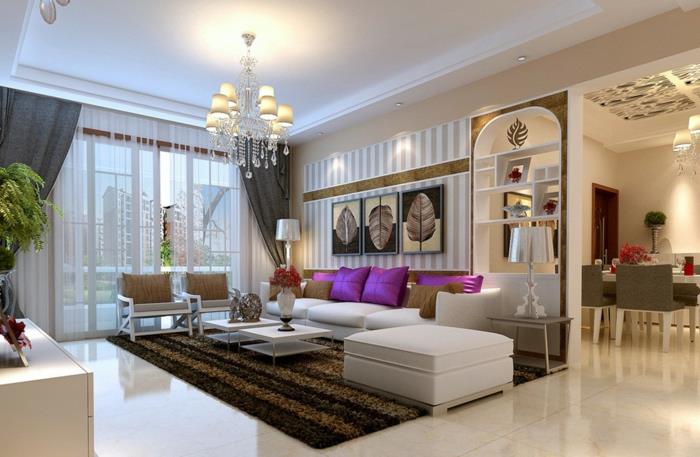 svetainės dekoro idėjos, prabangus baltas butas, dryžuotas kilimas, balta sofa ir taburetė, maži stalai, barokinė lubų lempa