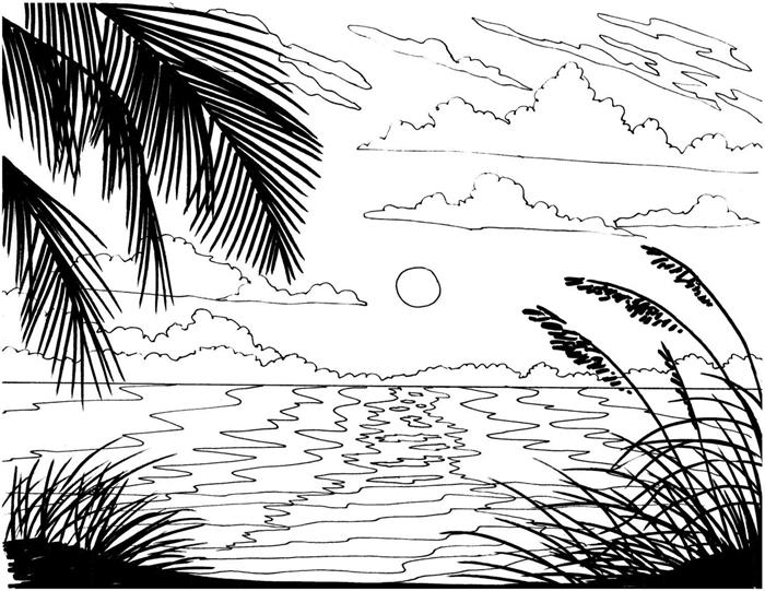 illüstrasyon beyaz ve siyah manzara doğa yaz tatili seyahat dinlenme sahil egzotik ada güneş bulutlar plaj boyama