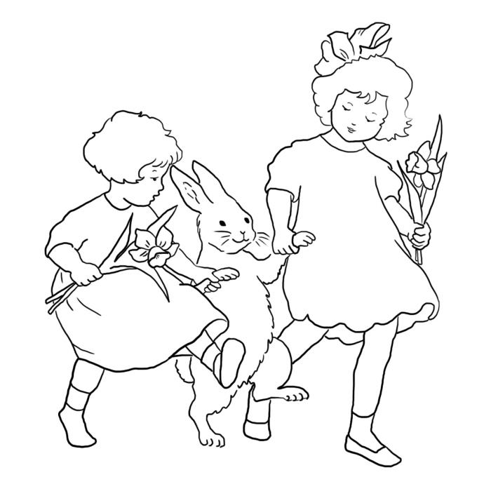 küçükler için kolay paskalya boyama, iki kız ve bir tavşan ile Paskalya temasında boyama çizimi