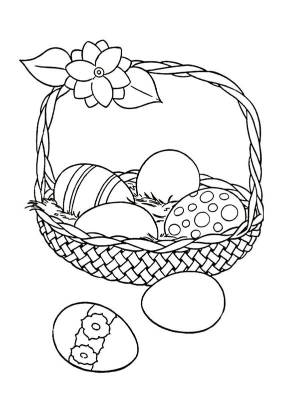 Velykų piešinys spausdinti, Velykų iliustracija su dekoruotų kiaušinių krepšeliu, paprasta spalvinimo idėja vaikams