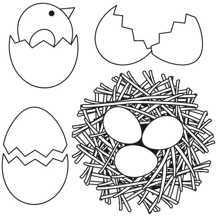 Baskı için Paskalya çizimi, yumurta ve tavuk ile Paskalya temasında çocuklar için kolay boyama modeli