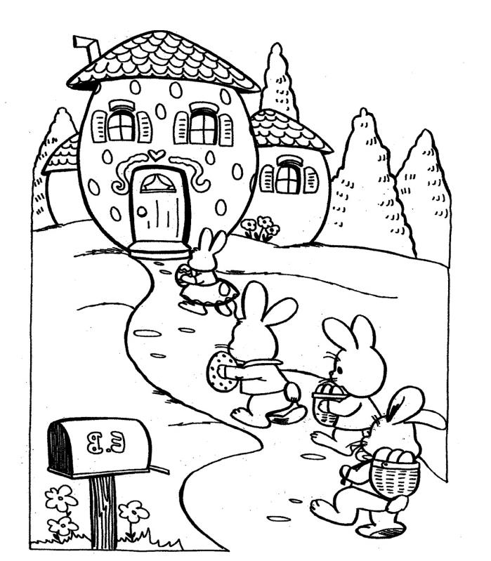 çocuk için kolay boyama paskalya çizimi, küçük tavşanlar ve evler ile eğlenceli Paskalya illüstrasyonu