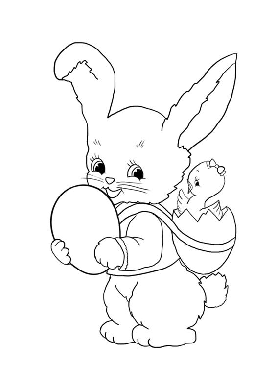 Paskalya tavşanı boyama sayfaları yazdırması kolay, çocukların renklendirmesi için basit çizim fikri, tavşanlı ve tavuklu şablon çizimi