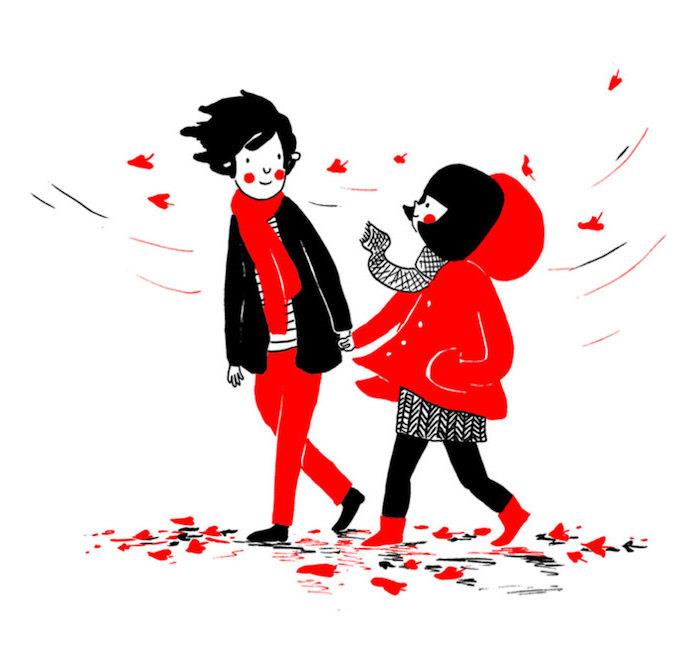 aşık çift siyah ve kırmızı çizim illüstrasyon, sonbahar yürüyüşü, sevgililer günü için görüntü fikri