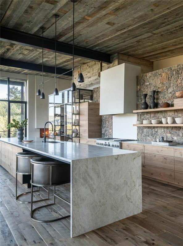 mutfak adası mermer tavan ahşap sandalyeler endüstriyel tarz ahşap mutfak dolabı ilham iç mutfak ülke