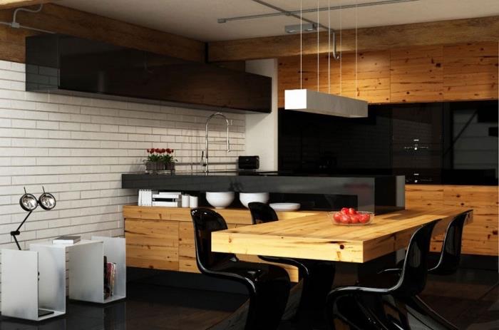 kaimiškas ir modernus dizainas su baltų plytų sienomis ir šviesaus medžio baldais, virtuvė