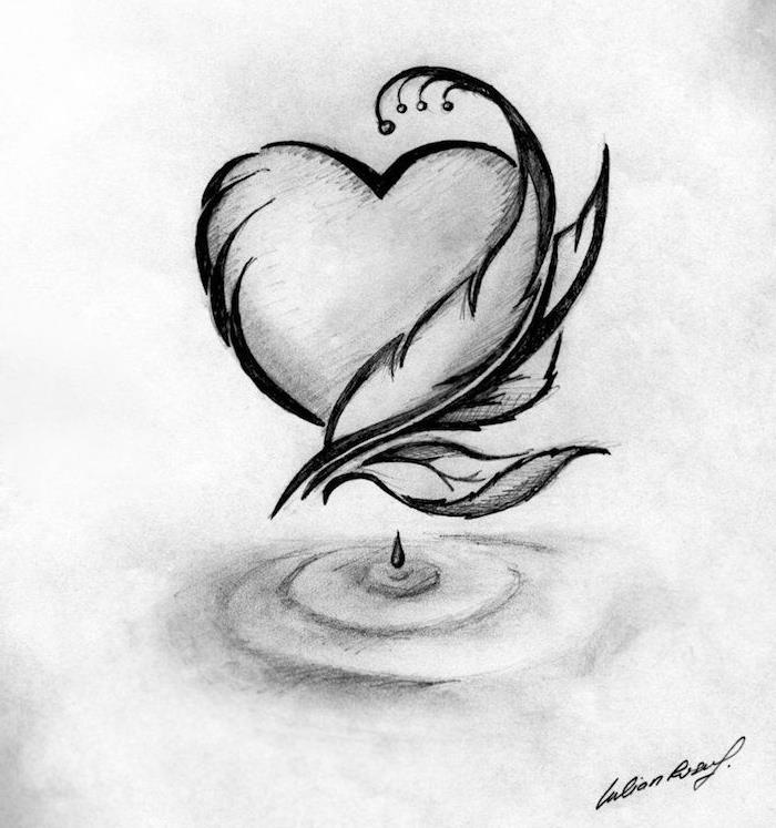 gri arka planda siyah beyaz grafik kalp ve mürekkep damlası olan bir tüy, orijinal fikir yazma aşkı
