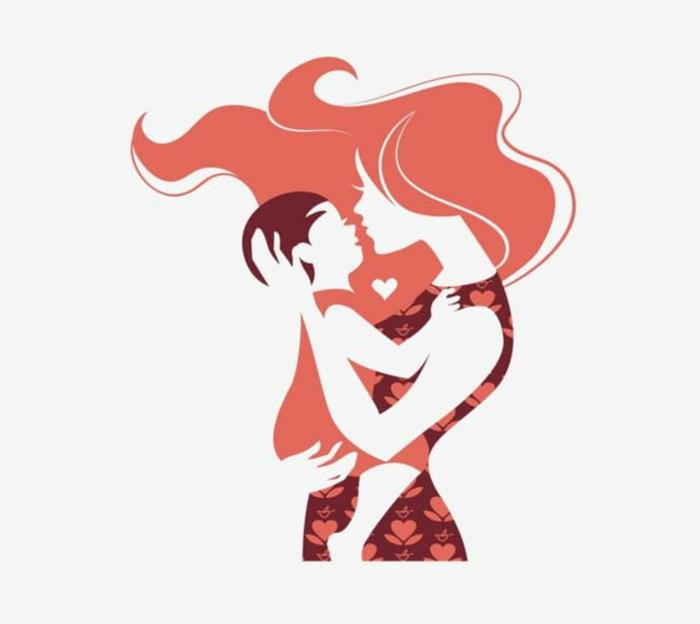 Gražus piešimo motinos ir jos kūdikio raudonos spalvos atvirukas mamos dienos darželis, mamos dienos vaizdai, kuriais plaukai dalijasi kaip ugnis