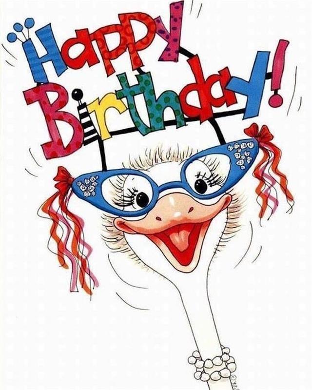 Vesel rojstni dan zabavna risba, rojstnodnevno razpoloženje, noj z modrimi očali in velikim nasmehom