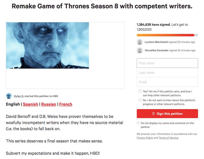 ekrano kopija peticijos, kuri buvo paskelbta pasikeitus organizacijai parašyti naują „Game of Thrones“ pabaigos scenarijų, kurį Sophie Turner, dar vadinama Sansa Stark, laikė nepagarbiu