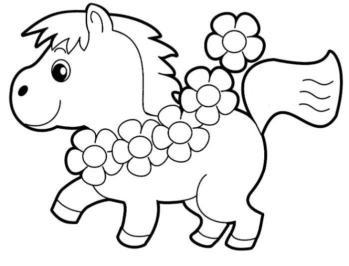 risba ponija s cvetlično ogrlico, cvetlični girland, brezplačne ideje za barvanje za tiskanje
