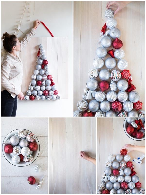 Geleneksel Noel toplarından yapılmış bir Noel ağacı motifi ile duvara asmak için ahşap bir duvar resmi yapmak için kolay öğretici