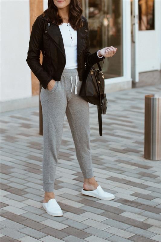 görüntü yağma fikir kıyafet streetweat gri pantolon yüksek belli beyaz üst siyah ceket düz ayakkabı