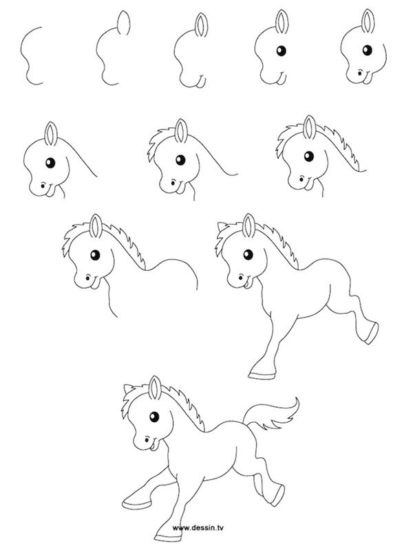 stvari za sledenje, kako narisati ponija, korak za korakom, vadnica sam, črno -bela skica