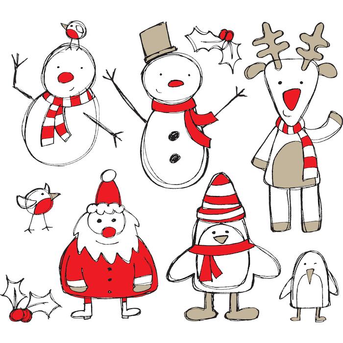 Noel Baba, bir geyik, bir kardan adam, noel renk çizimi eskizleri, havalı noel boyama fikri, noel baba nasıl kolay yapılır