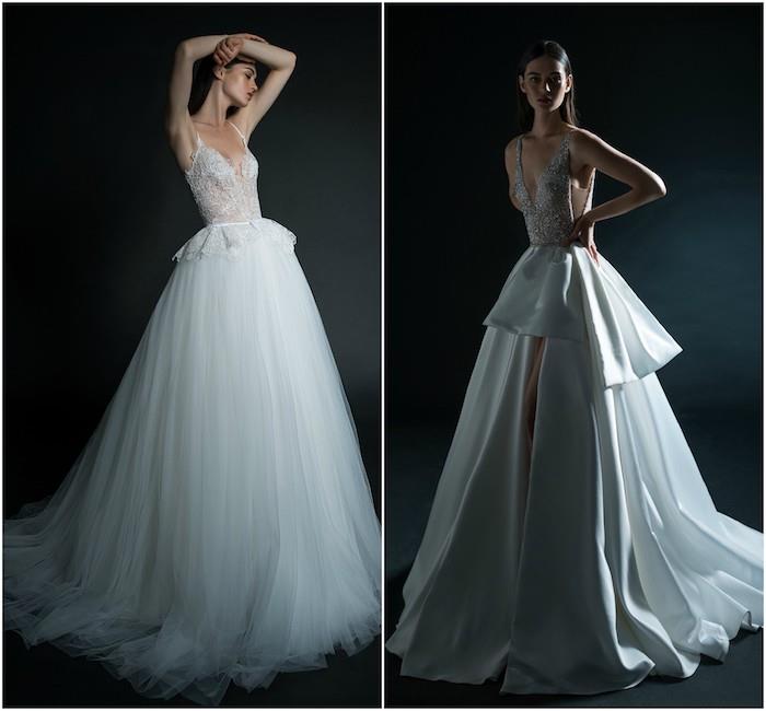 gražiausios vestuvinės suknelės iš inbal dror, tobe modelio su tiulio sijonu ir skaidriu nėrinių liemeniu ir balta suknelė su plyšiu ir liemeniu, papuošta akmenimis