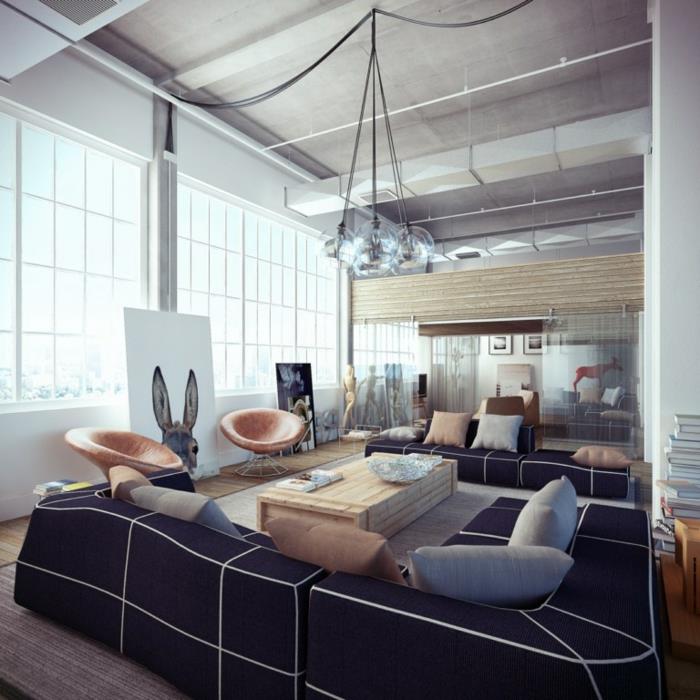 endüstriyel-çatı-beyaz-lacivert-kanepe-resim-oturma odası