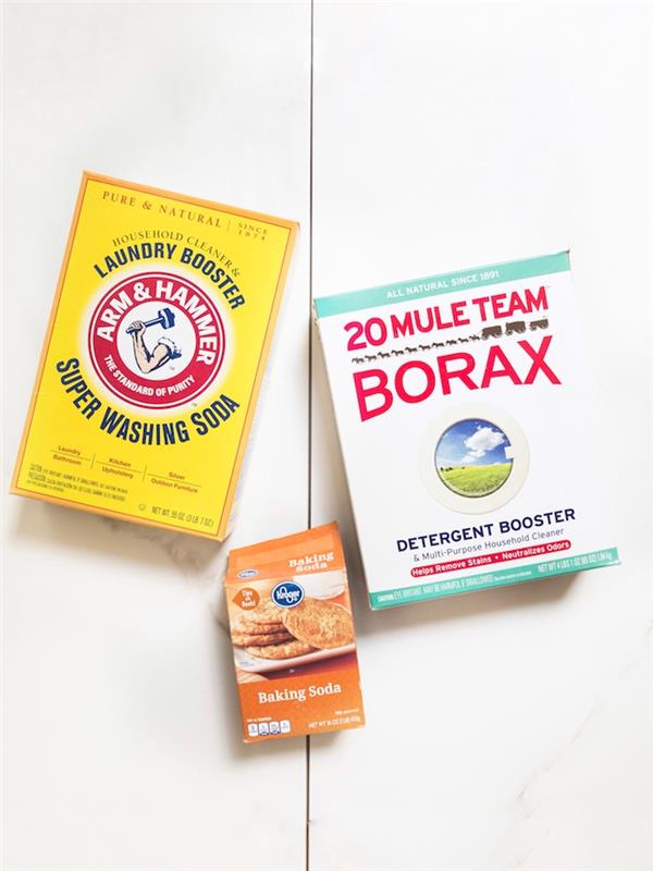 boraks kabartma tozu ve soda kristalleri ile çamaşırlarınızı kendiniz yıkamak için gerekli malzemeler