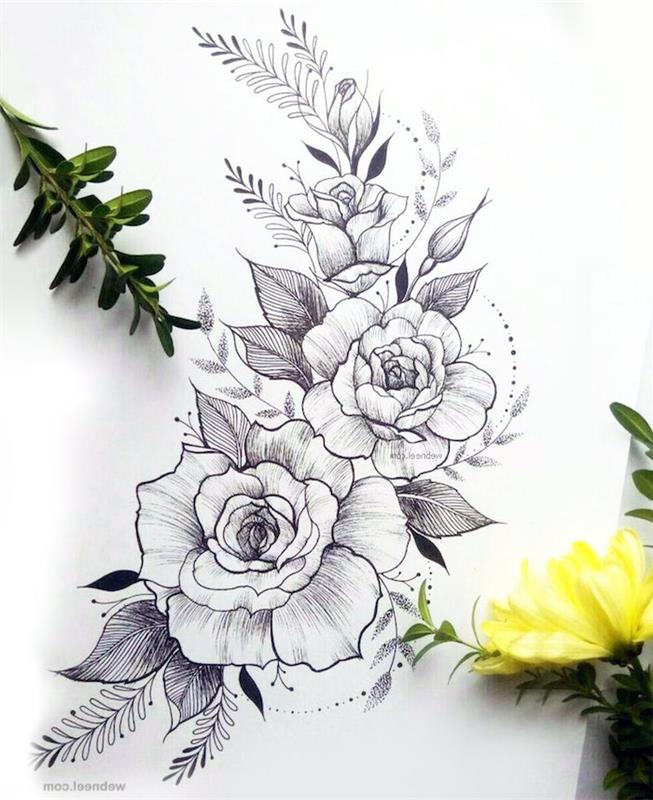 Vrtnice v podružnici tatoo ideja barvanje cvetlični šopek rož risanje ideja tetovaža