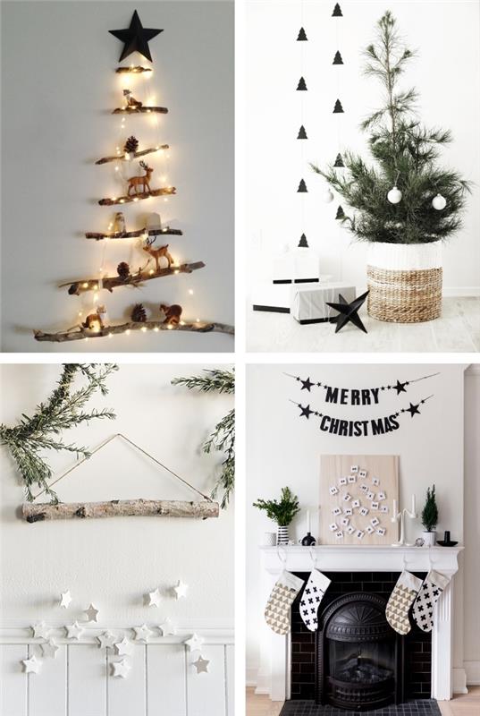 Ahşap, beyaz ve siyah, minimalist ve doğal Noel ağaçlarından duvara veya sepete yerleştirilmiş İskandinav tarzında yapılmış Noel dekorasyonu