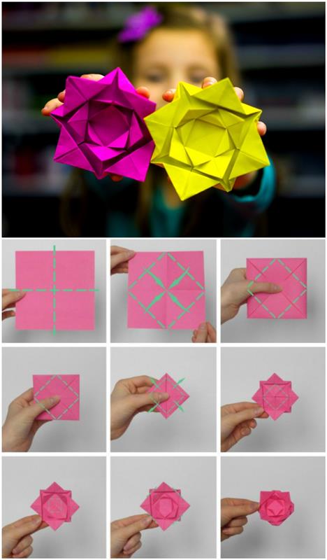 çocuklarla yapmak için güzel bir origami çiçeği, kağıttan bir gül katlama adımları