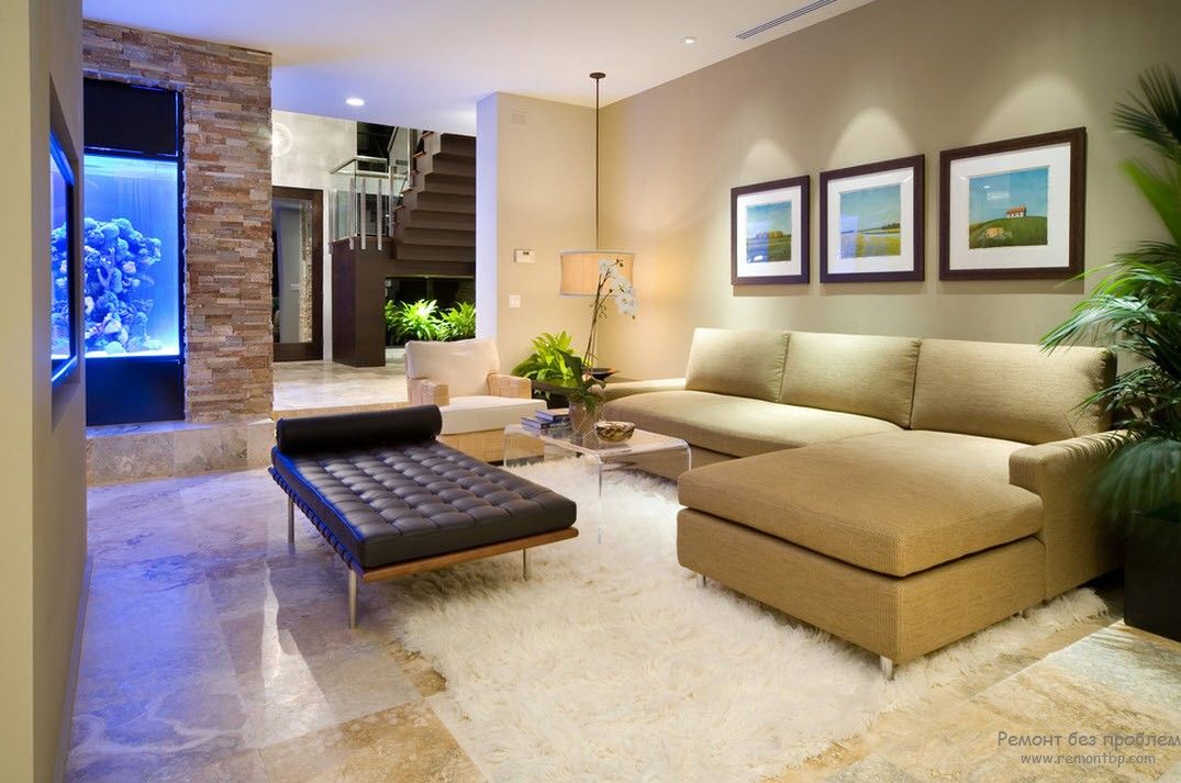 Acuario y plantas verdes en una moderna sala de estar