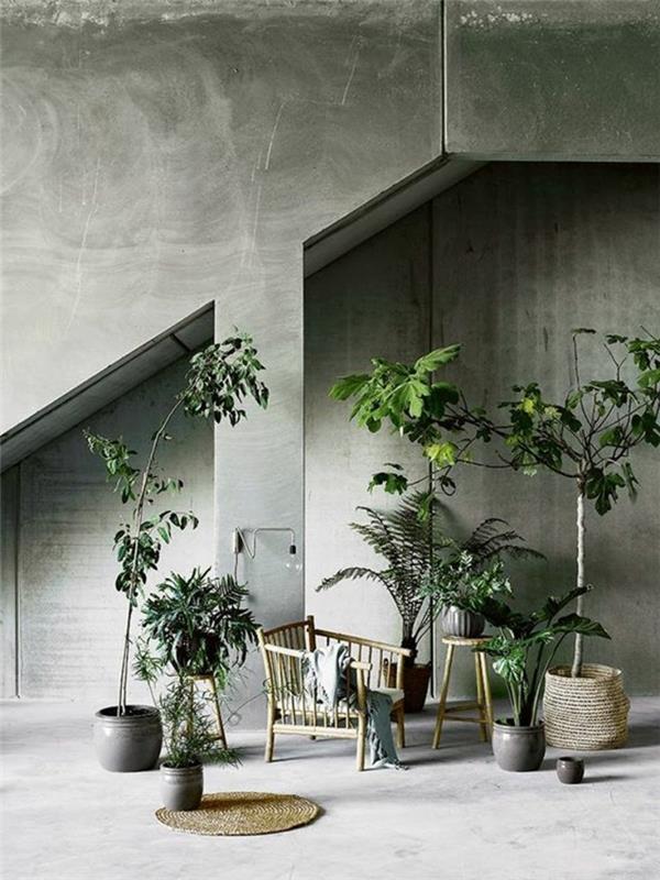 prašmatnus-interjeras-gyvenamajame kambaryje-žalias-augalai-interjeras-betonas-dekoratyvinis-gyvenamajam kambariui