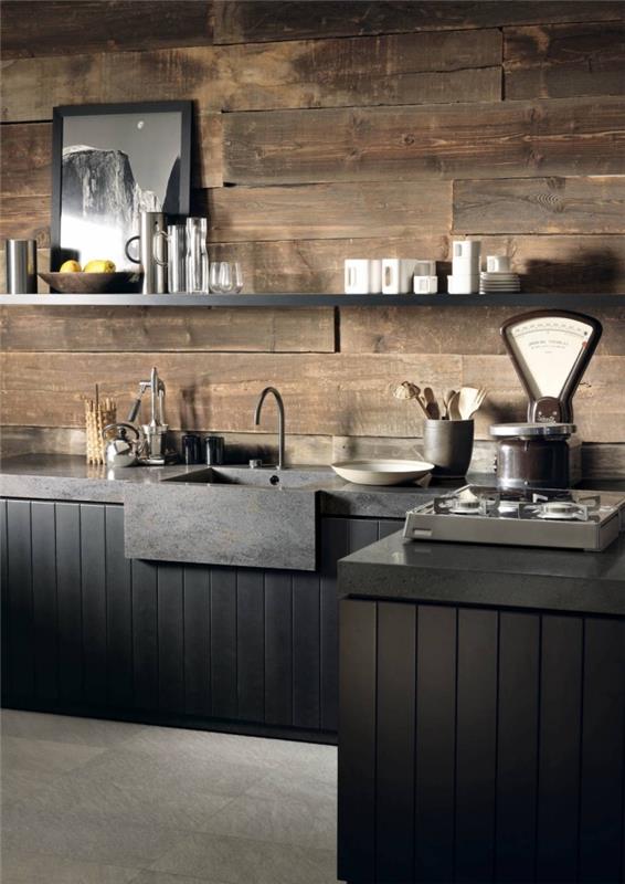 kaba ahşap duvarlar ve siyah mobilyalar ile rustik ve modern tarzda mutfak dekorasyonu, karanlık bir mutfakta birleştirmek için örnek renkler