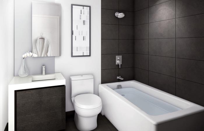 eleganten dekor za kopalnico v mat beli in črni barvi, mat črne stenske ploščice, črno -bele pod omarico za umivalnik