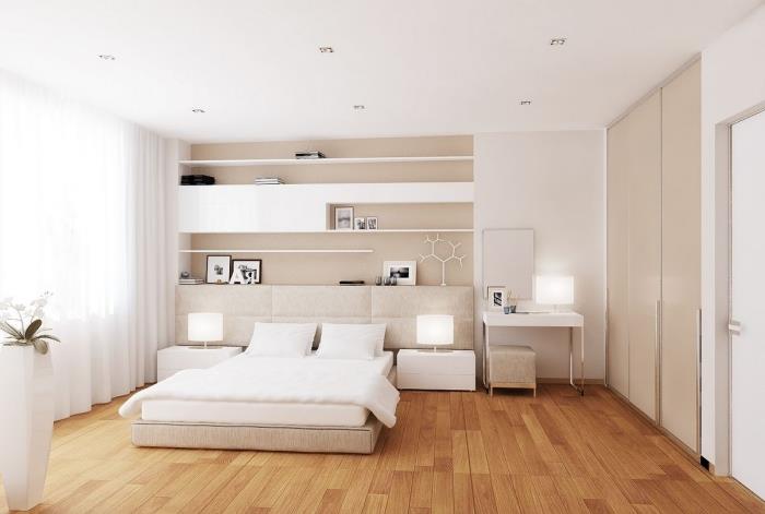 minimalist tasarımlı, led aydınlatmalı ve modern mobilyalı beyaz ve bej iç mekana sahip yetişkin yatak odası için ne renk