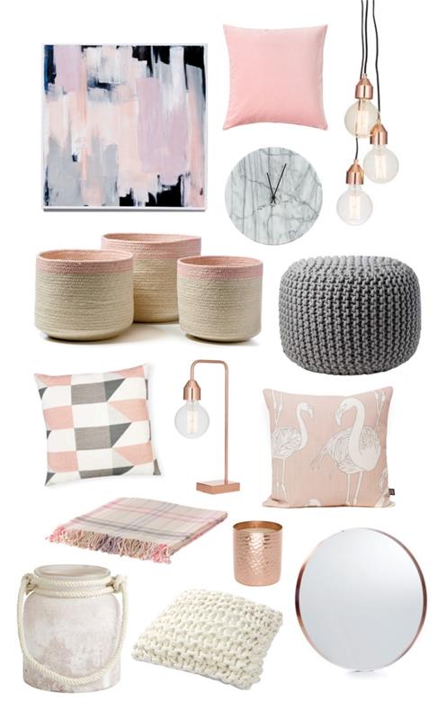 rožinio aukso ir pilkos spalvos kambario dekoravimo objektai, atogrąžų dizaino pagalvėlių modeliai rožinės ir pilkos spalvos