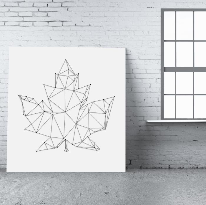 minimalistinio stiliaus ištemptos vielos paveikslėlio šablonas ant baltai dažytos medžio arba kartono plokštės su lapų dizainu