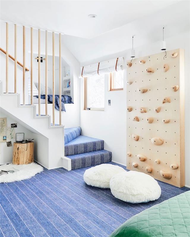 orijinal iç dekorasyon oyun odası depolama yatak odası kız ilham mavi halı merdiven duvardaki okuma köşesi