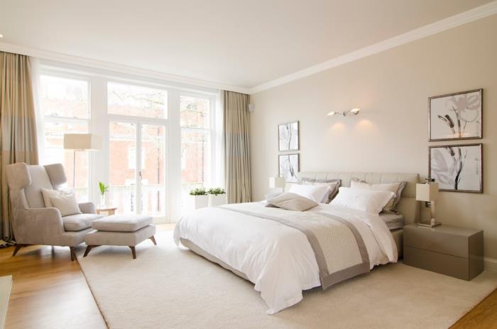 pastel gri gölgede modern sandalye ve tabure ile beyaz yatak odasına ekru rengi nasıl entegre edilir