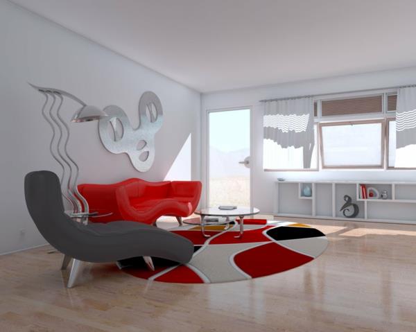 sodoben dom-notranjost-edinstven-sivo-rdeči naslanjači-z-dekoracijo-z ogledalom
