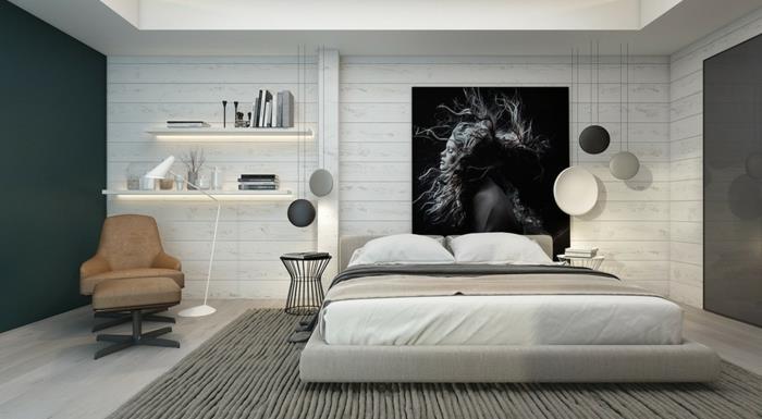 modern yetişkin yatak odası dekorasyonu, gri halı, kahverengi koltuk, ışıklı raflar, tek renkli fotoğrafçılık