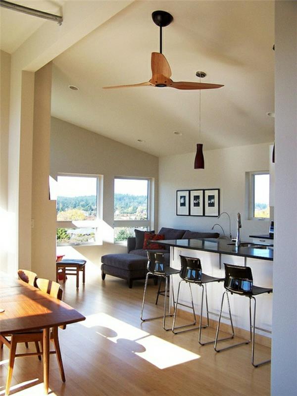 notranjost-moderna-kuhinja-strop-ventilator-lesena-parket-črna-stoli